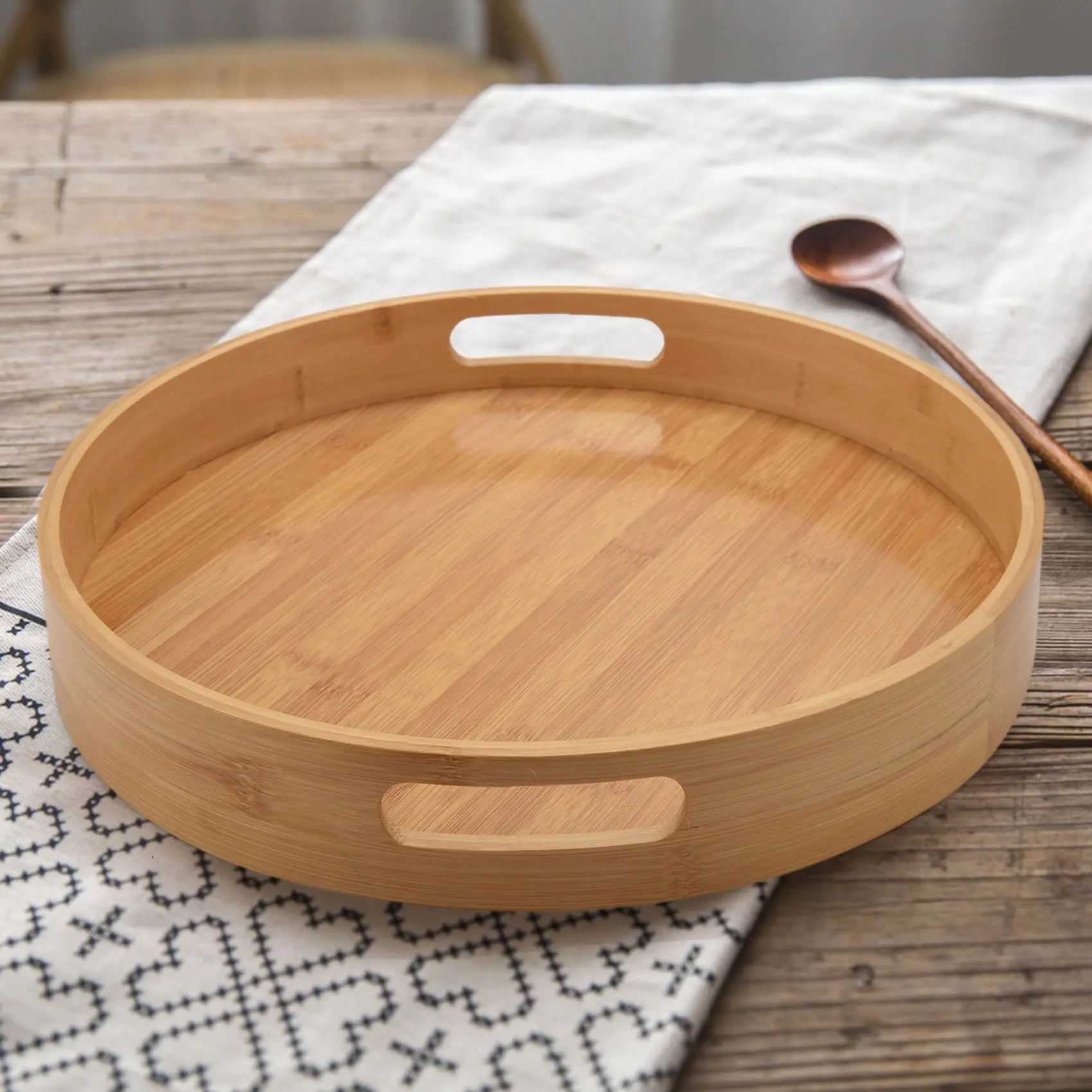 

AD30-Round Serving Bamboo Wooden Tray for Dinner Trays Tea Bar Breakfast Food Container Handle Storage Tray 3