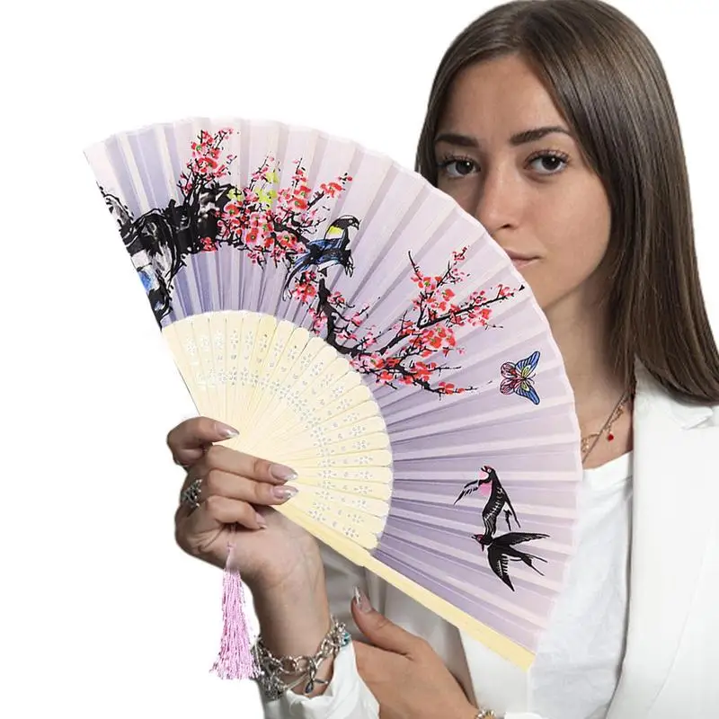 Foldable Hand Fan Japanese Silk Folding Fans Bamboos Chinese Fan Antiquity With Tassels Small Dance Fan For Student Hanfu