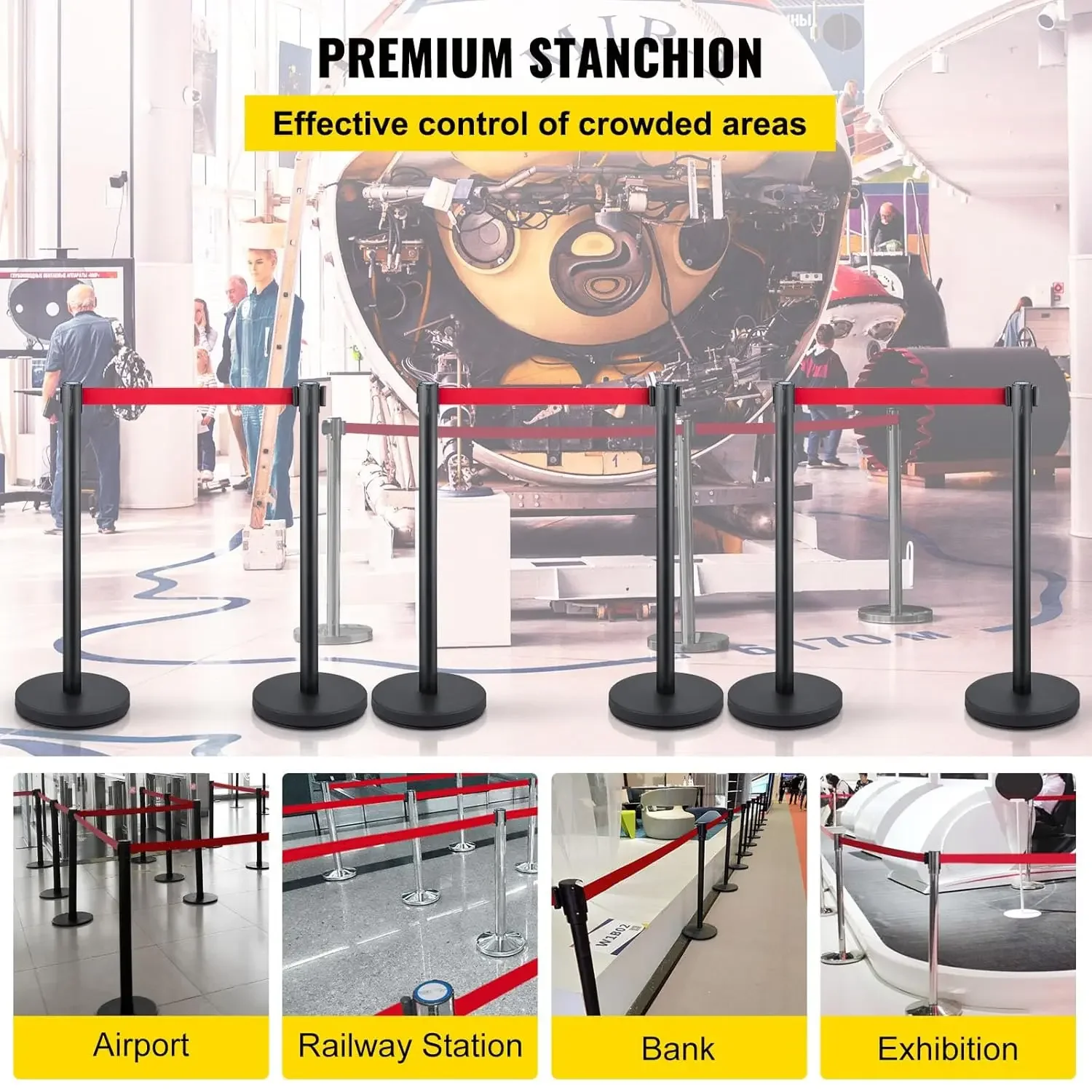 Crowd Control Stanchion, Set of 6 Pieces Stanchion Set, Stanchion Set w/ 6.6 ft/2 m Red Retractable Belt