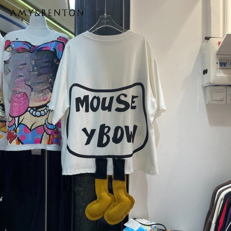 

Sweet Design Heavy Industry Sequined Cartoon Short-sleeved T-shirts Women's Loose Fashion Beautiful Age-reducing Tshirt Pullover