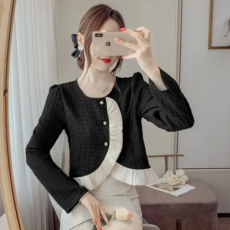 French Celebrity Irregular Flounce Shirt Women Fashion Round Neck Patchwork Texture Temperament Korean Slim Spring Female Coat