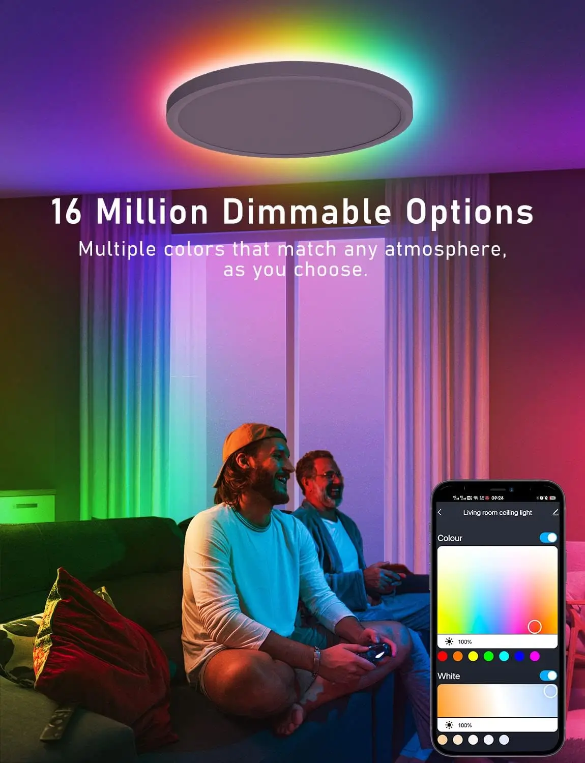 Luz de teto LED de montagem em superfície inteligente WIFI, funciona com Alexa e Google Home, lustre de baixo perfil, luzes de teto LED