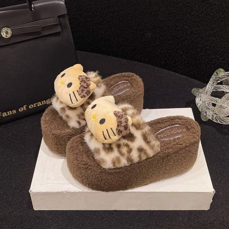 Kawaii لطيف مرحبا كيتي النعال القطن فتاة خريف شتاء وصول موضة الكرتون أنيمي ليوبارد طباعة غامض النعال فتاة هدية