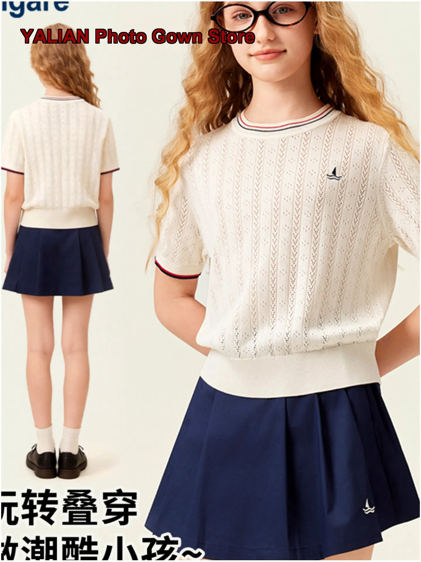 Girls Sweater Kids Summer Short Sleeves Knit Top with Navigare Brand Logo Older Kids