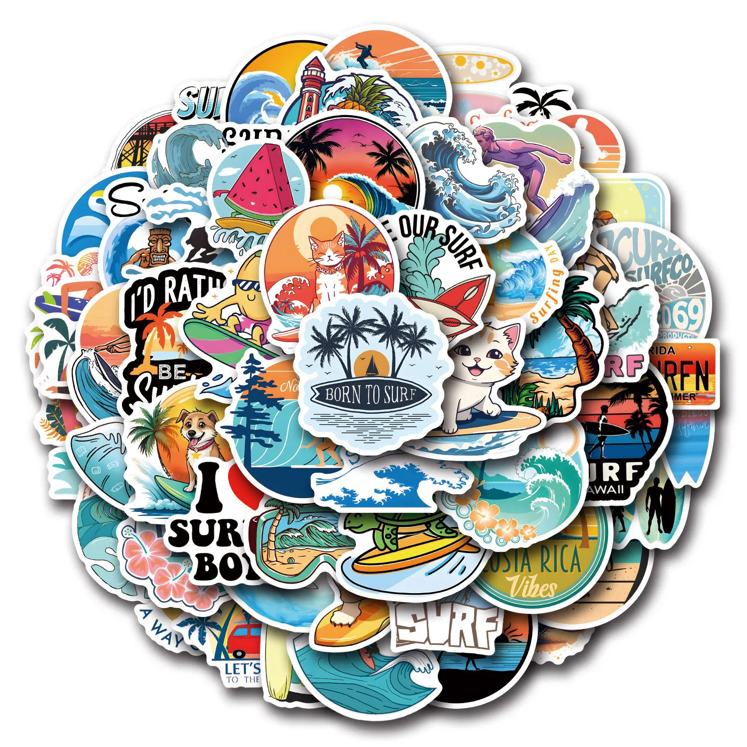 10/55/110PCS Cool SURF Stickers New Beach Graffiti Summer Sports Decals Laptop Phone Guitar Car Bike Skateboard Cartoon Kids Toy