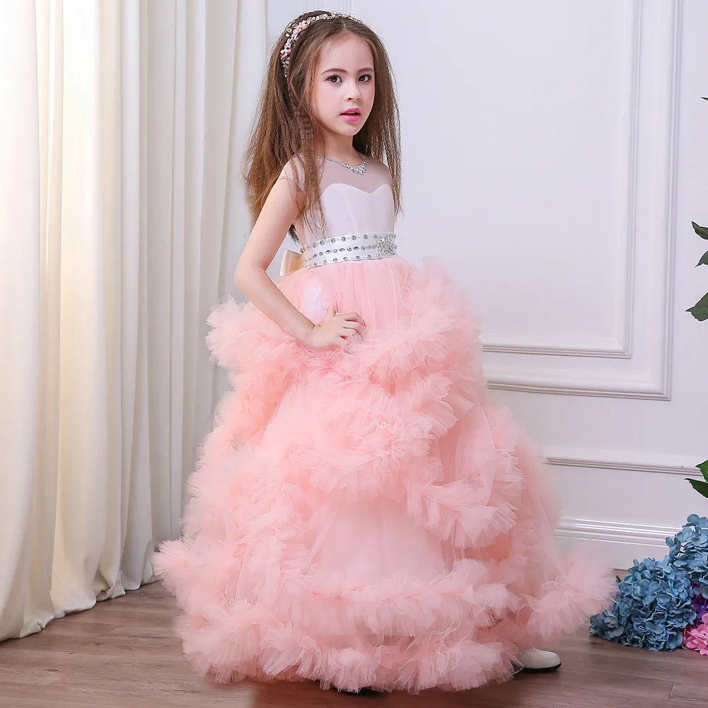 Rosa Blume Mädchen Kleider Für Hochzeiten Ballkleid Cap Sleeves Tüll Rüschen Perlen Lange Mädchen Festzug Kleid Kleine Kinder Baby