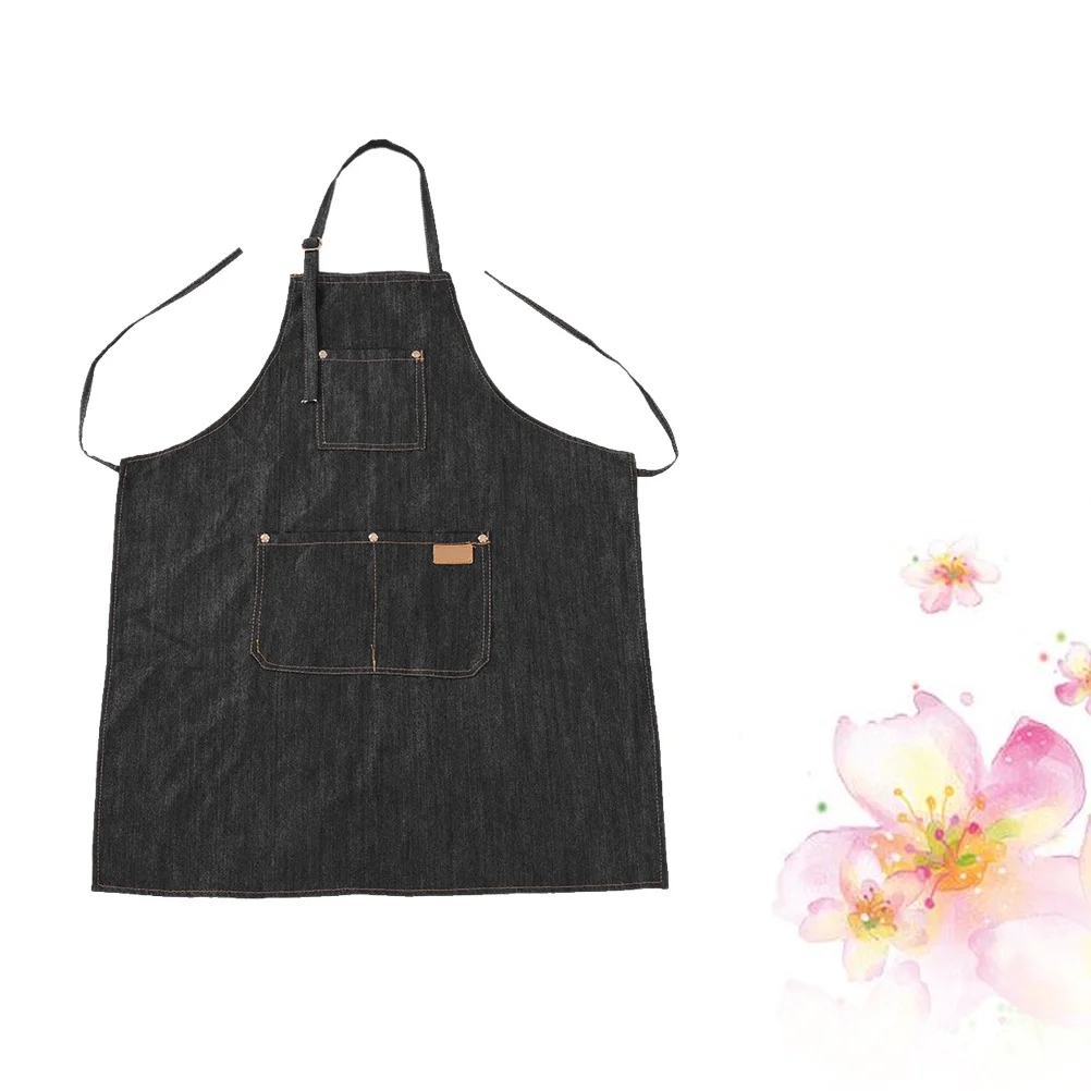 

Denim Work Apron Unisex Halter Neck Strappy Design Adjustable Waist Pocket Cooking Baking Gardening Salon Barber Shop