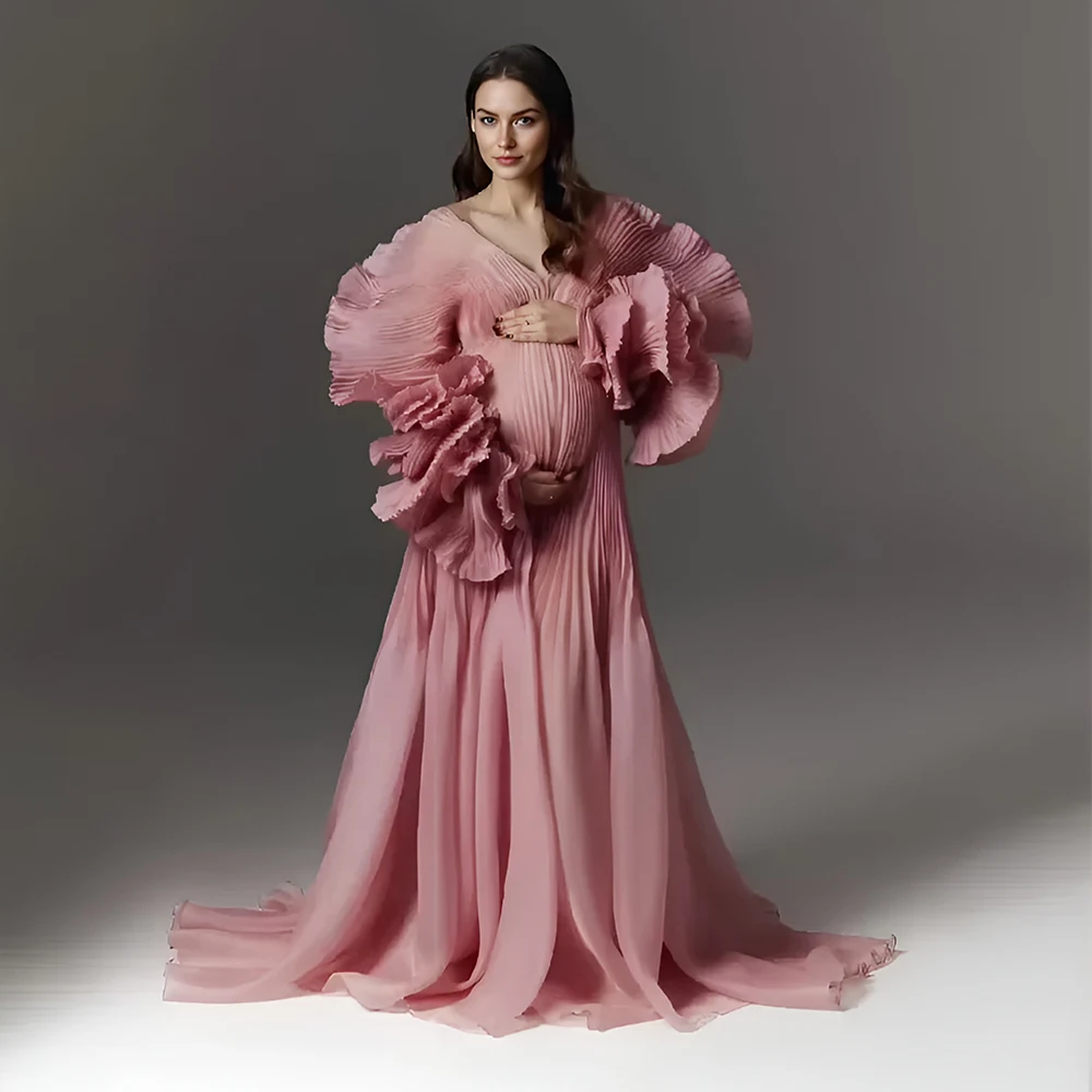 Maternity Dress for Pregnant Women for Photo Shoot V Neck Pleated Organza Long Flowy Maternity Dresses for Pregnant Photography