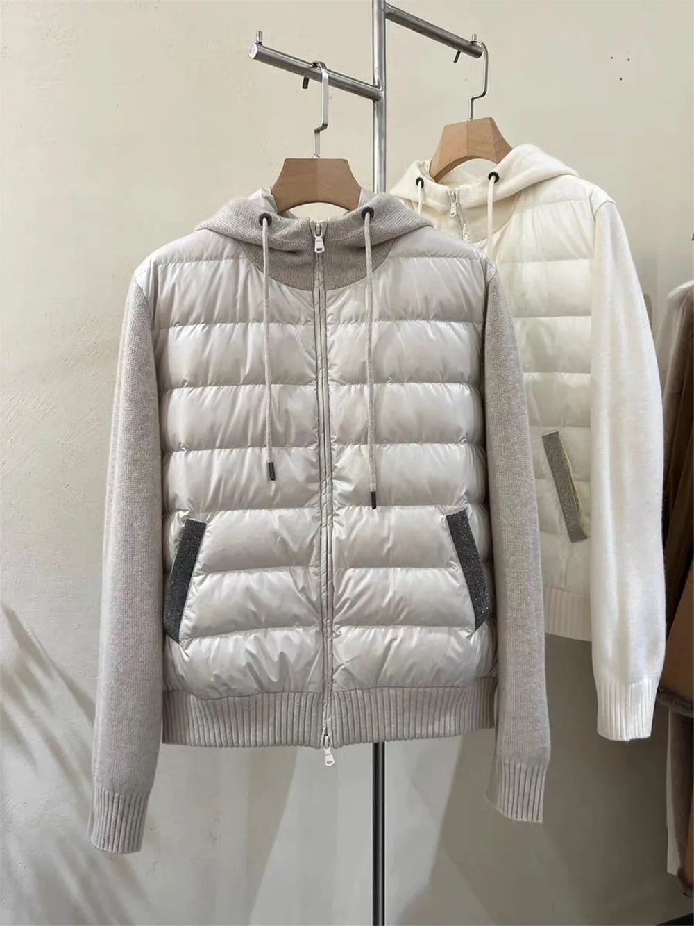 New B*c Hooded Cashmere Splicing Goose Down Jacket Women\'s Casual Beaded Warm High Quality Fashion Short Coat