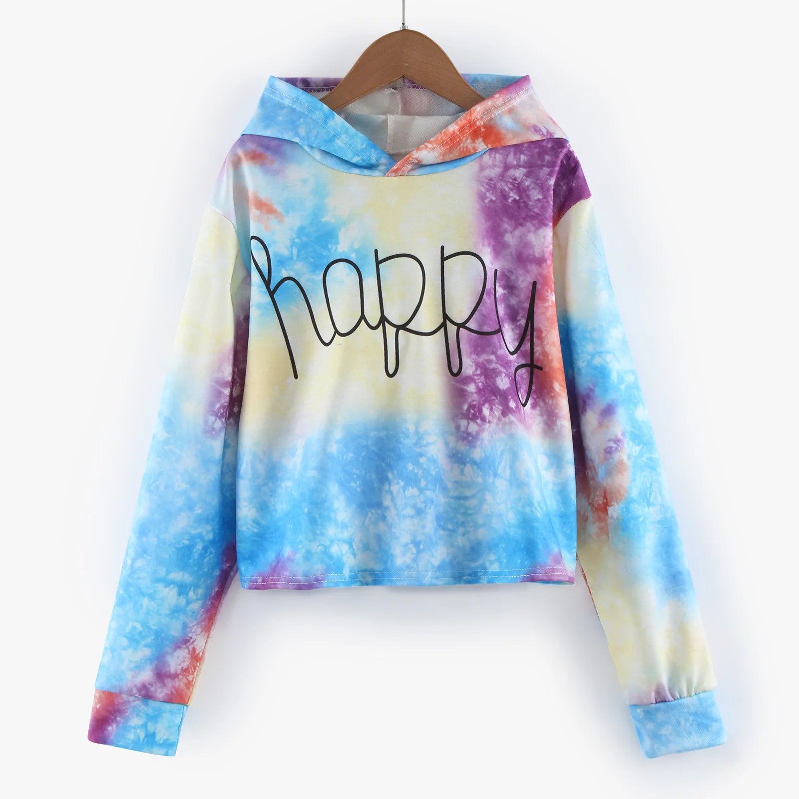 

2024 Teen Kids Girls Letter Long Sleeve Tie Dyed Short Hoodies Sweatshirts Pullover Tops Clothes Hot Selling Outwear Leisure