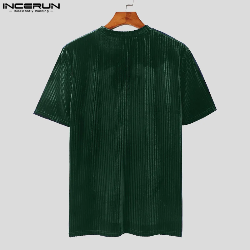 INCERUN Men T Shirt Velour Solid Color O-neck Short Sleeve Streetwear Tee Tops Summer 2024 Korean Style Fashion Men Clothing