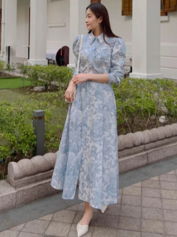 Ele rétro Long Sve Dr avec ceinture taille et col chiffre d'affaires conception de peinture à l'encre traditionnelle chinoise Faion pour femmes