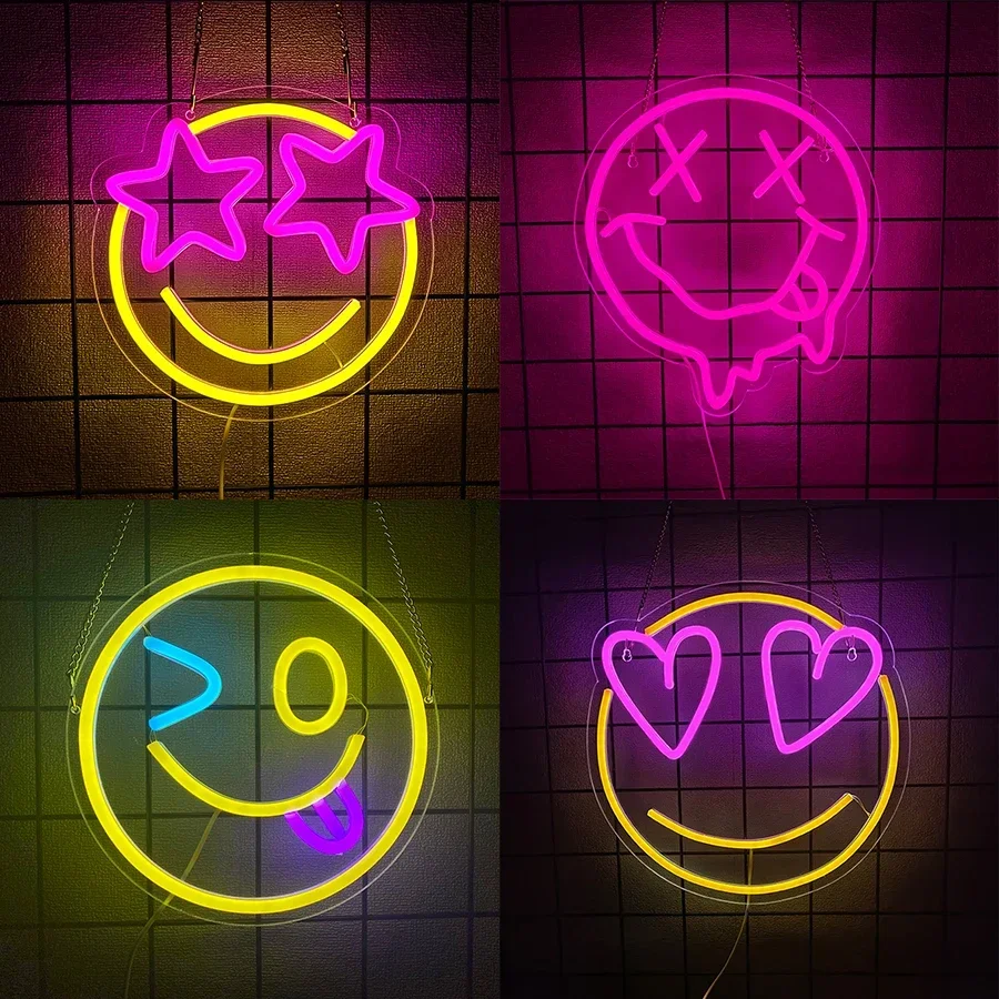 

USB светодиодные неоновые огни, вывеска Happy Face для подростков, декор для спальни, дня рождения, неоновая вывеска с улыбкой на лице для декора стен.
