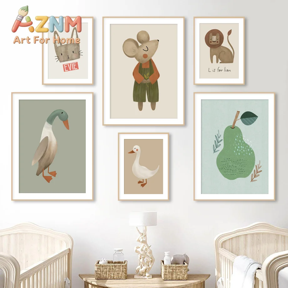 Cartoon Mouse Goose Lion Rabbit Duck Wall Art Canvas Painting Nordic Retro Posters And Prints Wall Pictures Baby Kids Room De
