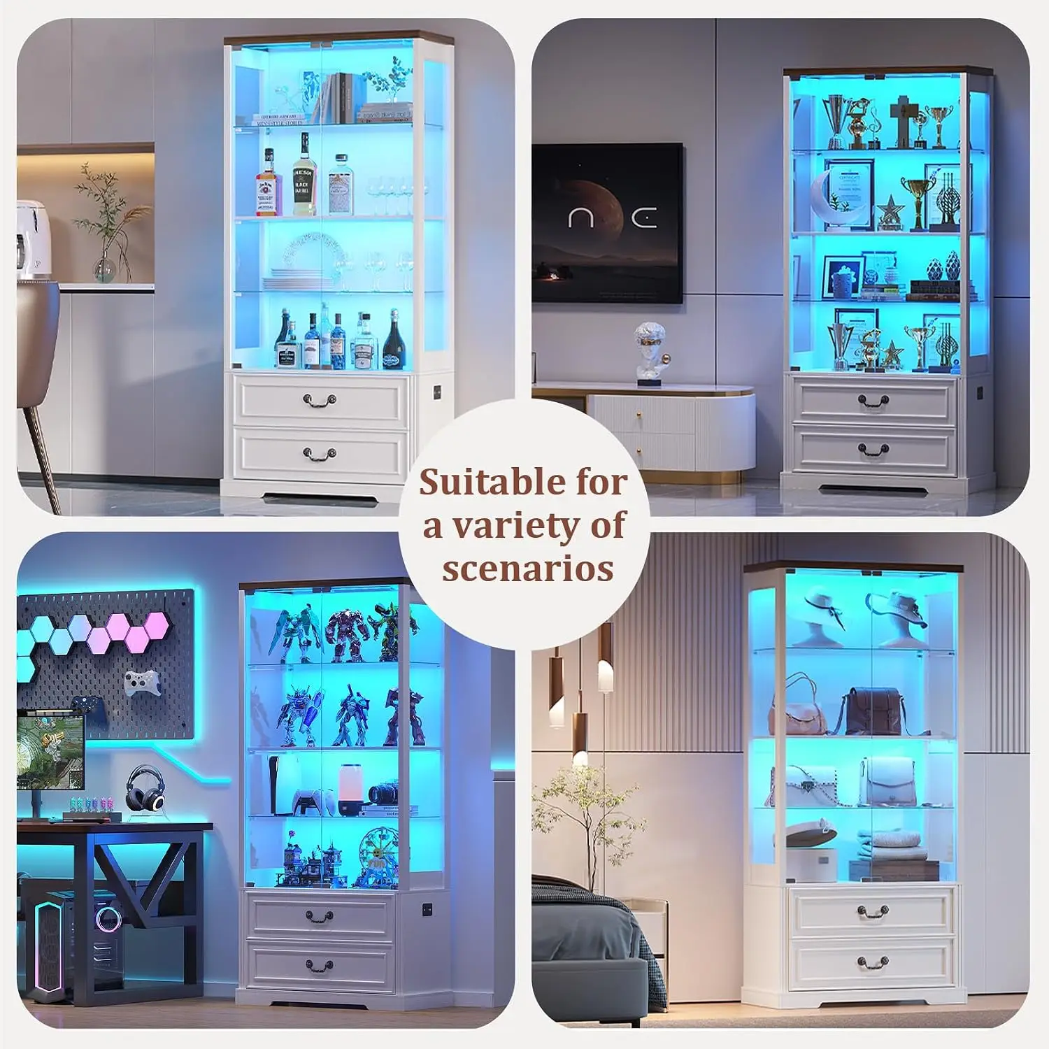 67" Tall Display Cabinet with Glass Doors and 2 Drawers, Stable Wooden Frame Curio Cabinet with Smart Human Sensor, Led Display Cases for Collectibles and Books, Living Room Office (White) view 8