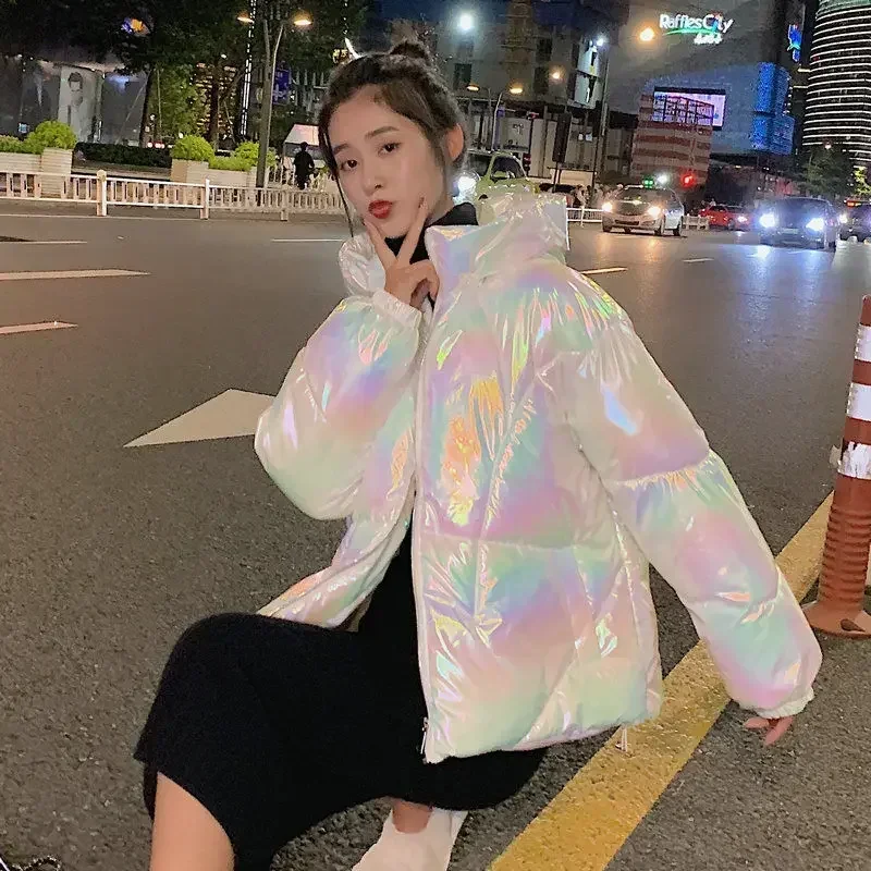 Tpjb novas mulheres parkas inverno laser grosso casual coreano doce completo cintura alta zíper solto meninas parkas casaco