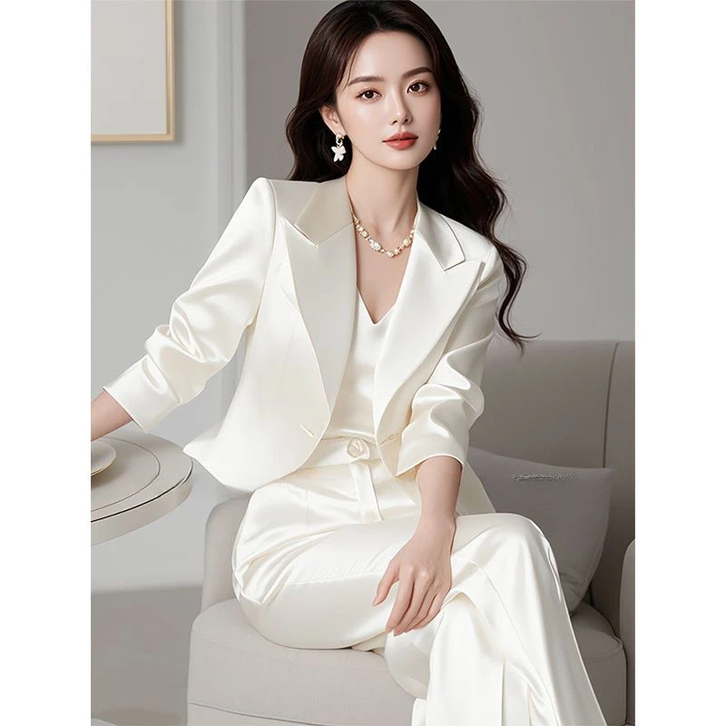 

Autumn Women Casual Blazer Coat Pants Set Long Sleeve One button White Blazer + Suit pant Lady Office Outfit two-piece suit 2025
