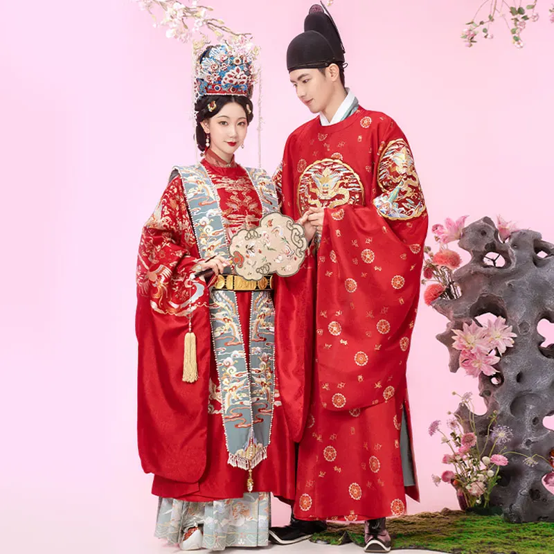 

ZhaoHuaJi Chinese Traditional Wedding Clothing for Women Ming Dynasty Red Robe Skirt Dragon Bride Groom Mens embroidery Hanfu