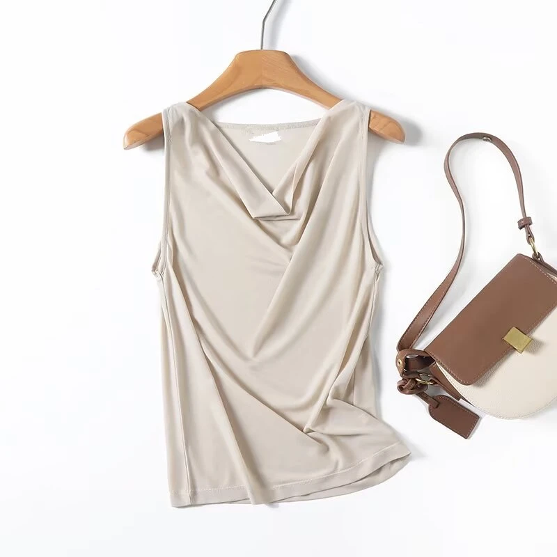 

Jenny&Dave Summer Blouse Women Minimalist Satin Pleated Fashion Office Ladies Elegant Sleeveless Shirt For women Tank Tops