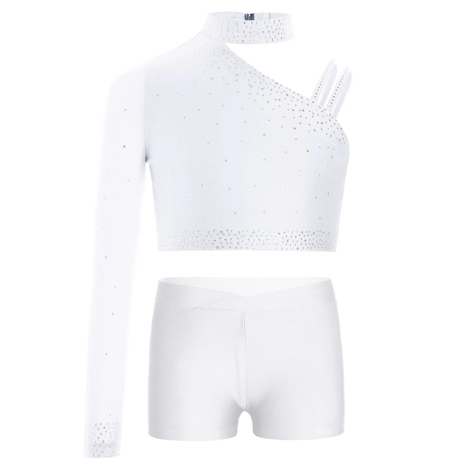 

Ballet Dance Tops Stage Performance Costume Sparkly Rhinestones Bodysuit Unique Irregular Shoulder Crop Tops V-front Shorts Suit
