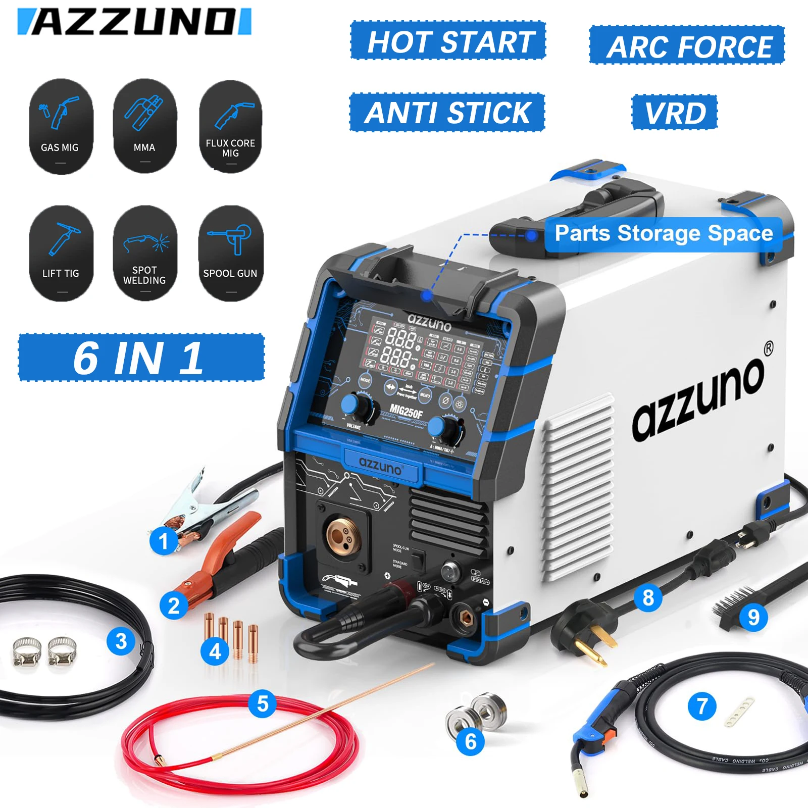 

6 IN 1 Semi-automatic Welding Machine Spot Welding/Spool Gun/Flux Cored/GAS MIG/MMA/LIFT TIG 220A IGBT Inverter MIG Welder Tools