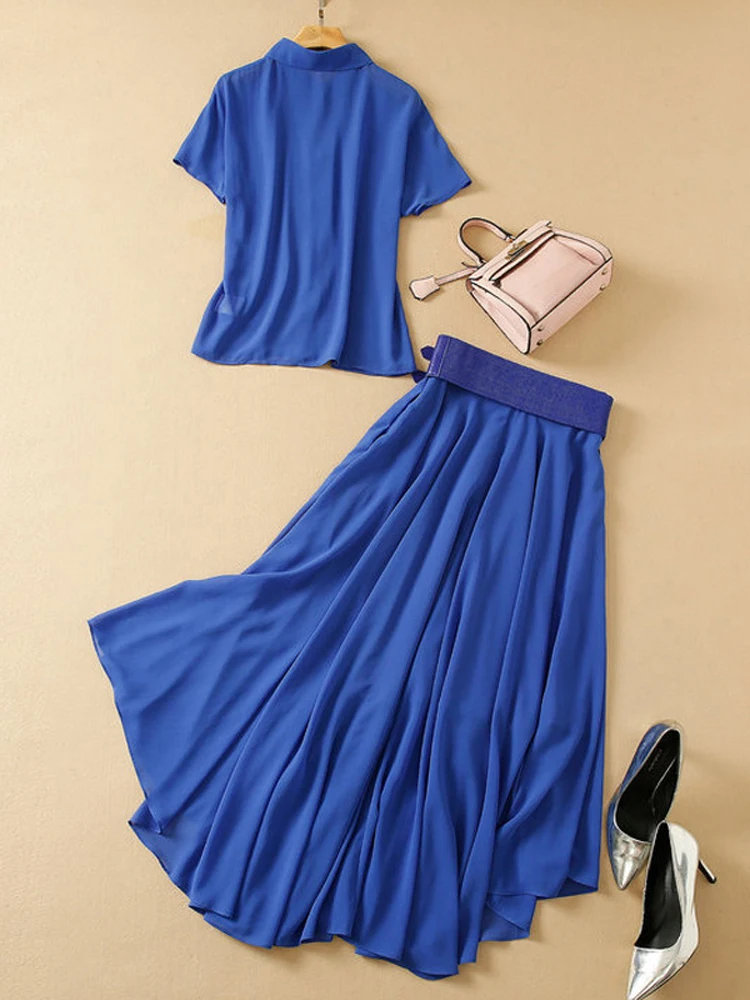 ZJYT Runway Summer Long Dress Sets Conjuntos De Vestidos Blue 2 Piece Women Outfit Holiday Maxi Skirt Top Matching Set Suits