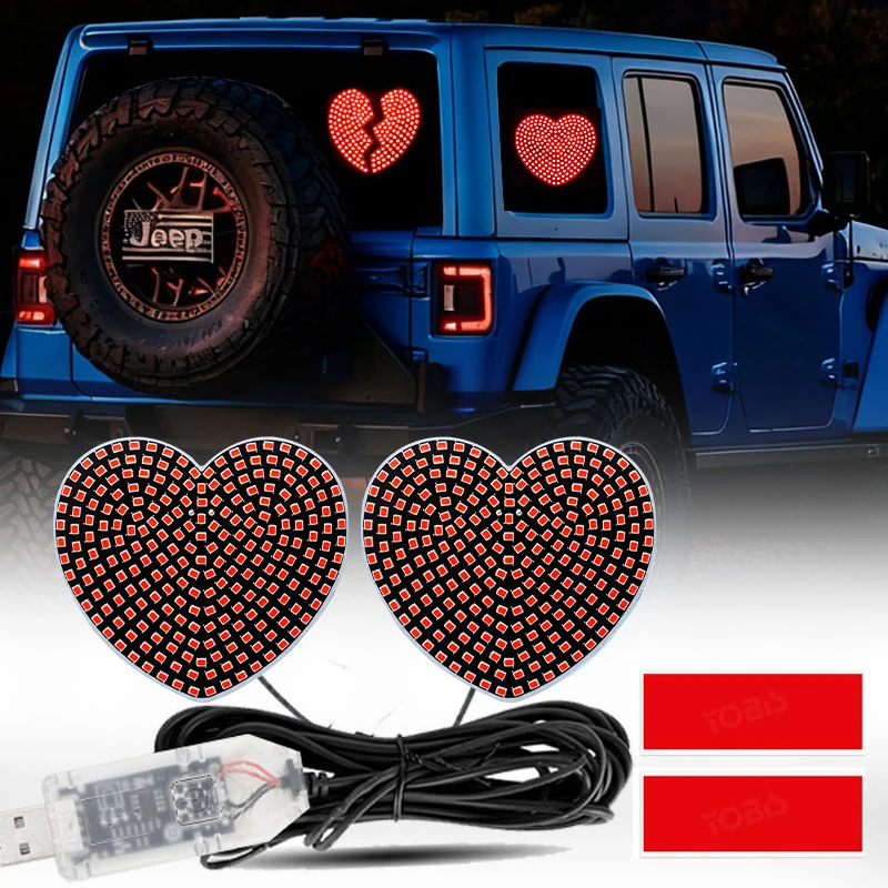 2 IN 1 Heart-Shaped Car LED Ambient Light for Side and Rear Windows Romantic Love Decor for Parties Christmas USB Powered Pink