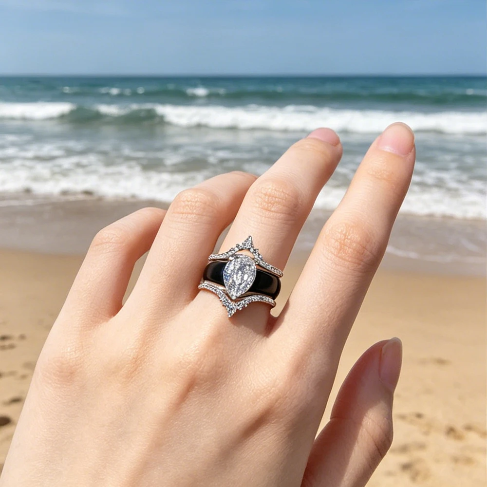Black Silicone Crown Wedding Ring Set Pear Cut Zircon 3pcs Stackable Engagement Band for Women Bridal Gift Jewelry