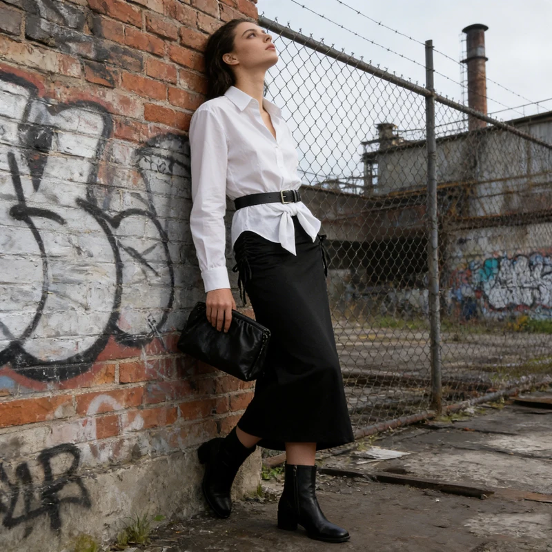 A-line trumpet shaped silhouette slim fit versatile casual slim fit slimming black waist drawstring pleated midi long skirt