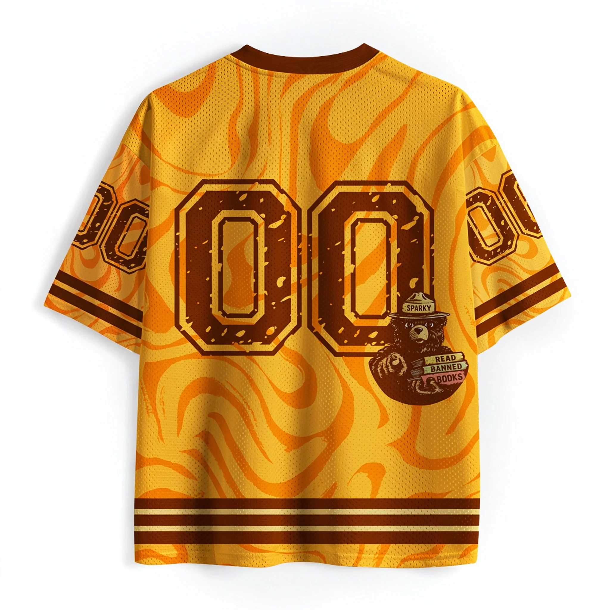Only You Can Prevent Book Burnings Sparky Bear Mesh Jersey, Vintage Yellow V Neck Short Sleeve Book Lover Tee