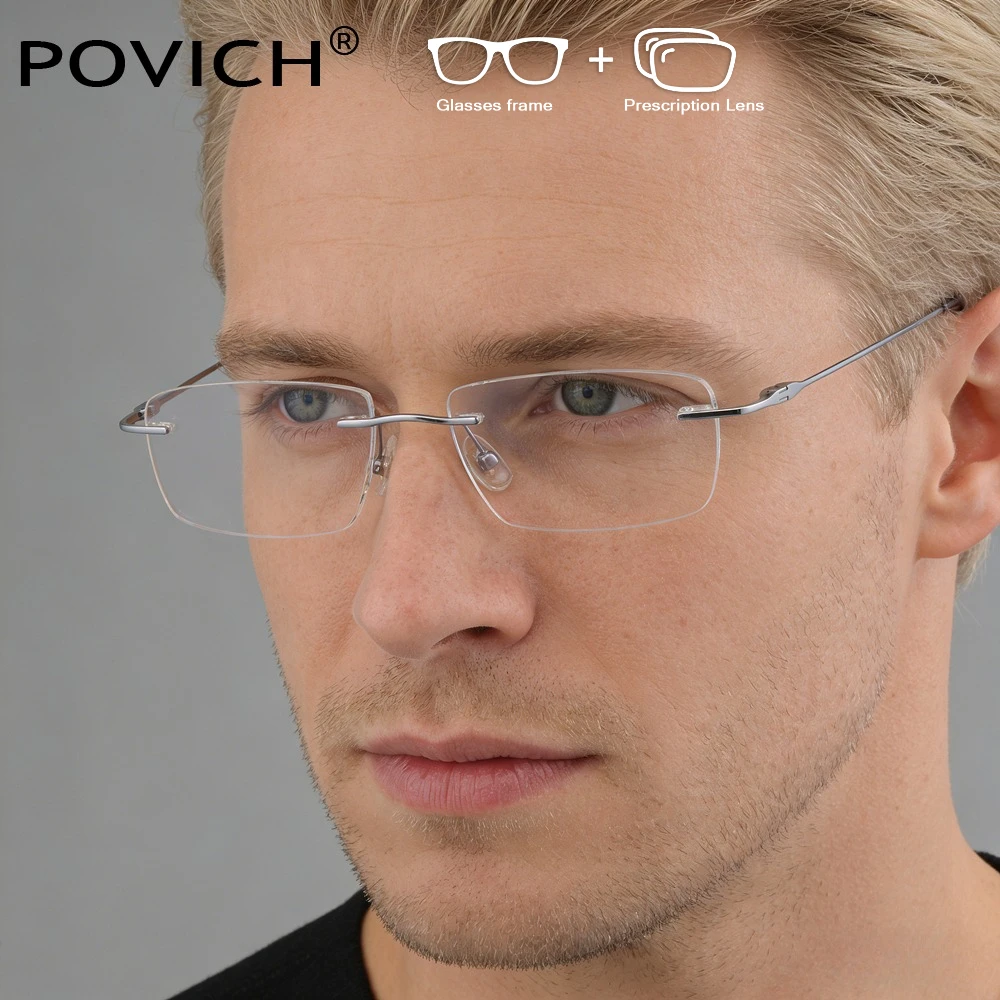 NEW Custom Prescription Glasses Women Men Titanium Rimless Frame Photochromic Anti-Blue Light Myopia Hyperopia Lenses