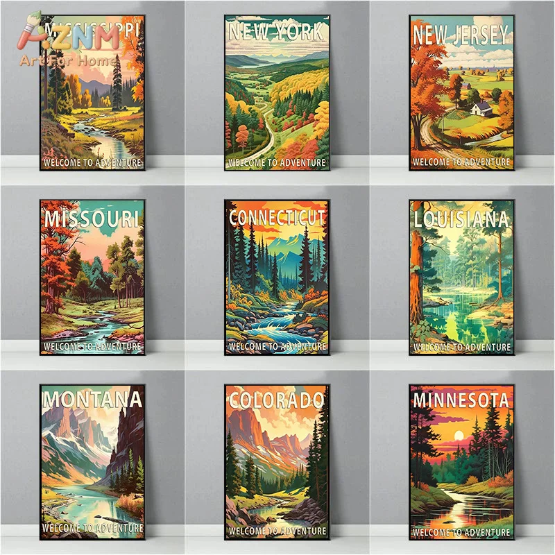 AZNM Vintage US State Travel Canvas Poster Frameless Wall Art America Mountain River Forest Scenery Retro Adventure Landscape Pr