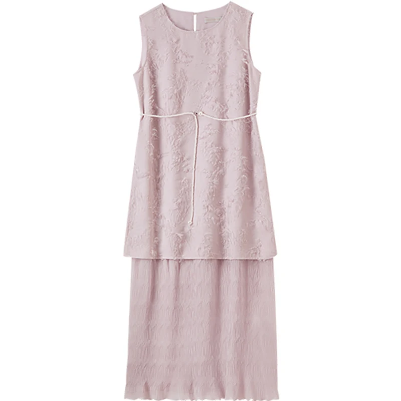 SENTUBILA レディースワンピース 2025年夏新作 Oネック ノースリーブ パールベルト付き カットアウト刺繍入りワンピース Q52LO1691