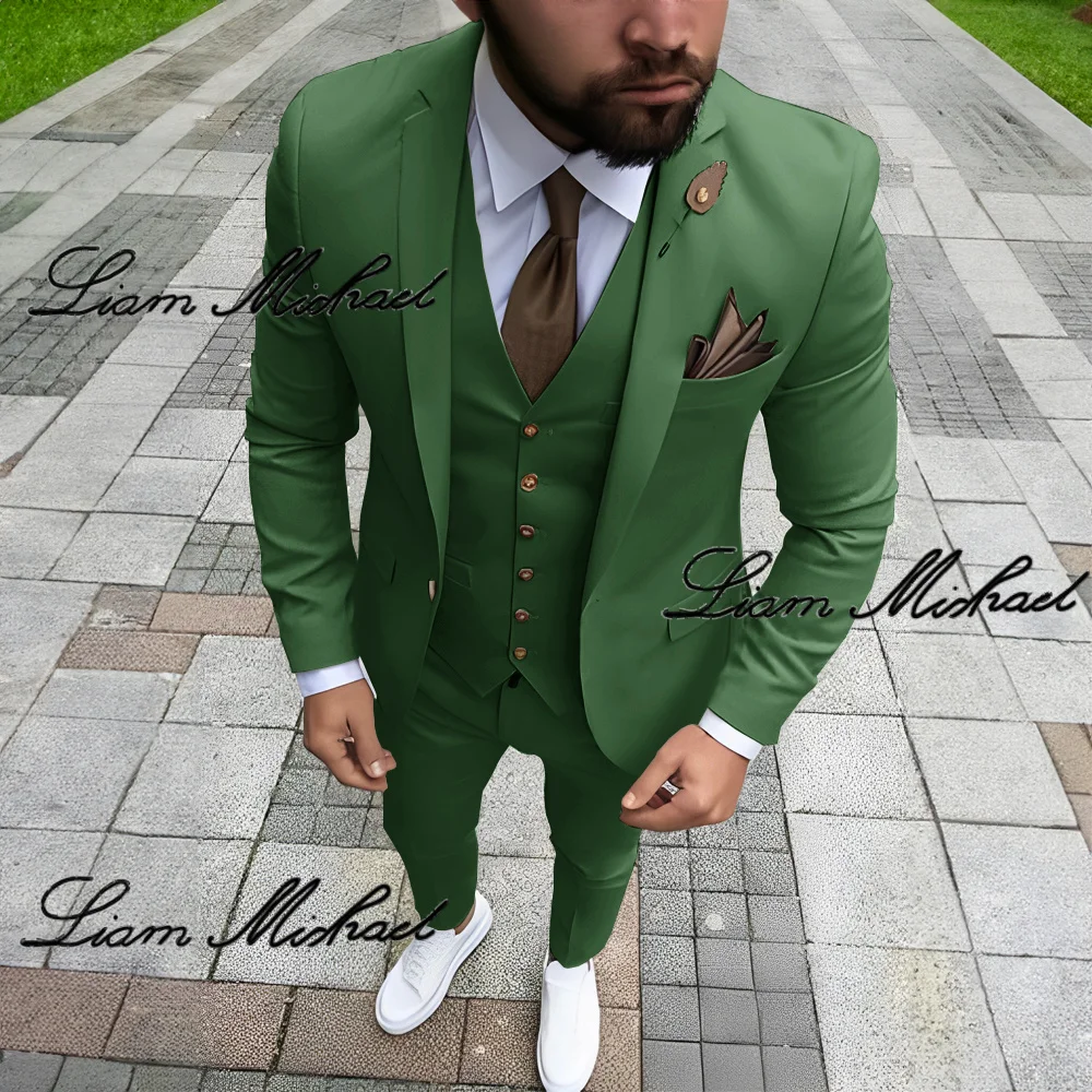 

Light Green Formal Men's 3-piece Suit Jacket Pants Vest Business Work Clothes Slim Outfit Wedding Groom Tuxedo Customization