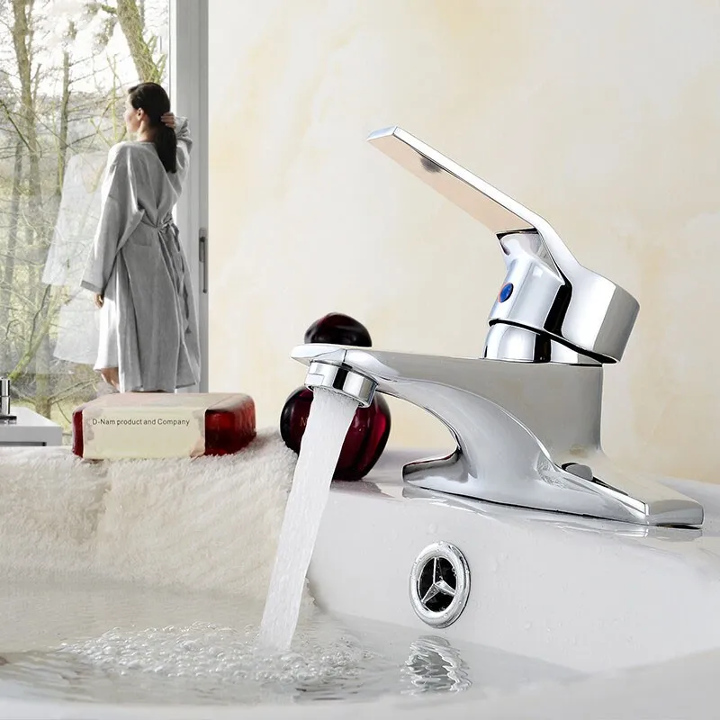 Basin Sink Bathroom Faucet Deck Mounted Hot Cold Water Basin Mixer Lavatory Sink Tap Silver Faucet Dual Cold and Hot
