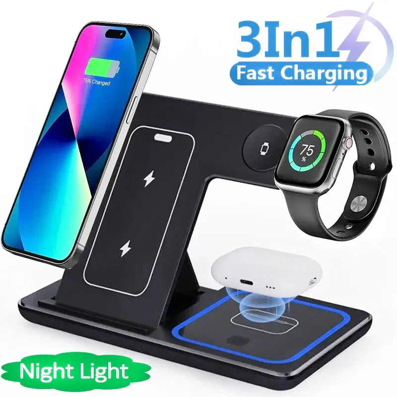 Foldable 30W LED Fast Wireless Charger Stand 3 in 1 Charging Station For iPhone 15 14 13 12 11 Apple Watch 9 8 7 6 5 Airpods Pro