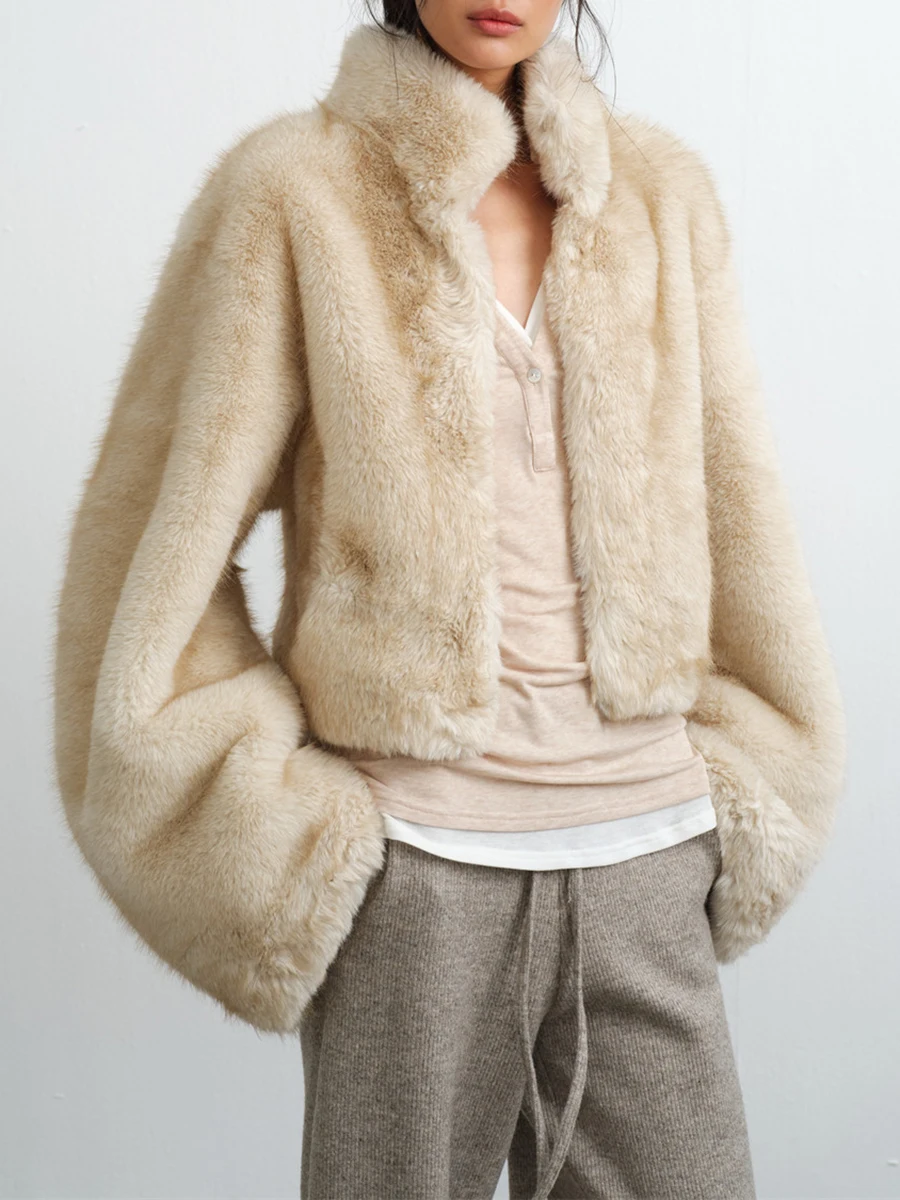 2026 Autumn Winter Women Faux Mink Fur Jacket High Stand Collar Open Front Fluffy Cropped Coat Beige
