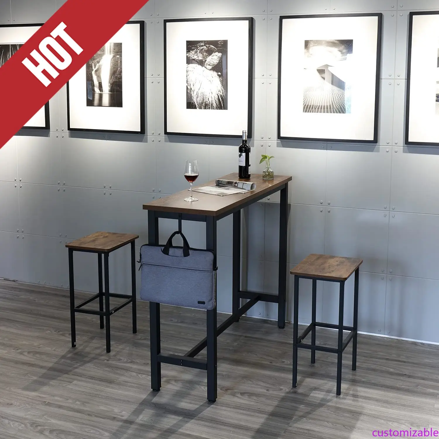 

Customizable 47" Industrial Bar Table Set For Small Spaces, Kitchen, Apartment, Breakfast Nook - Metal & Wood, Space-Saving Furn