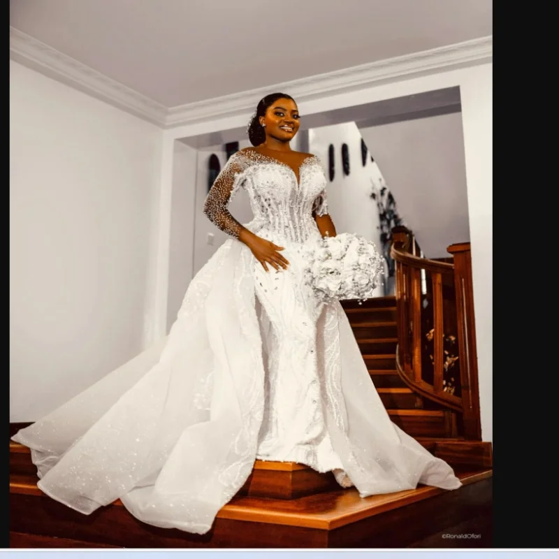 

Свадебное платье больших размеров с блестящими кристаллами и стразами по индивидуальному заказу Vestidos De Novia, свадебное платье с длинными рукавами и съемной юбкой