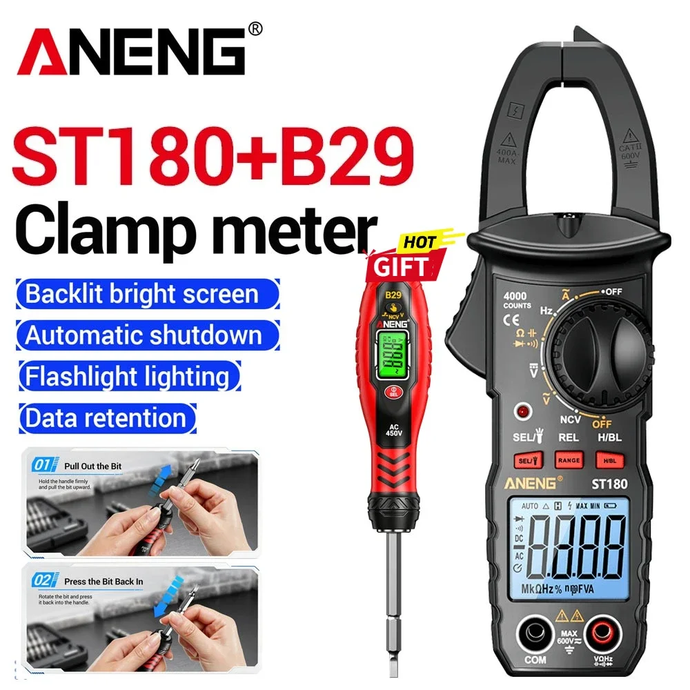 ANENG ST180 Digital Clamp Meter 4000 Counts  AC/DC Voltage Resistance Capacitance NCV Free Gift B29 Non-contact Voltage Test Pen