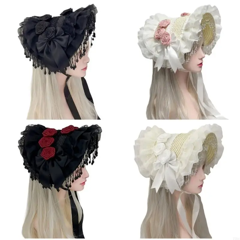 

77HE Dark Themed Widows Cap Breathable Fabric Gothic Headwear for Roleplay Costume Photography Props