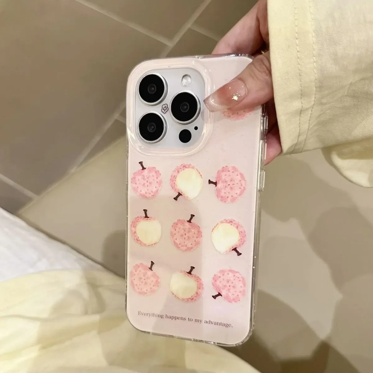 Funda de teléfono estilo coreano fresco con pintura al óleo artística rosa, diseño de lichi de dibujos animados, linda, para iPhone 17 16 15 14 13 12 11 Pro Max, cubierta Y2K