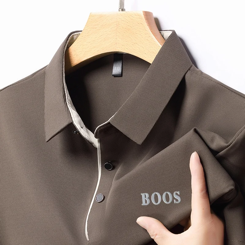 Freizeit-Herren-Kurzarm-Poloshirt mit Revers-Knopfleiste, Einfarbig mit Schriftzug, Bequemes Atmungsaktives Trendiges Herren-T-Shirt – Detail 18