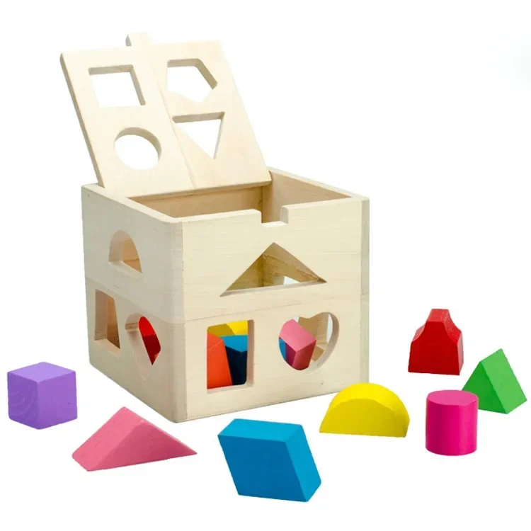 Décennie s de construction géométriques en bois pour enfants, 13 formes épaisses, cube de tri de formes, construction en bois robuste, cadeau amusant