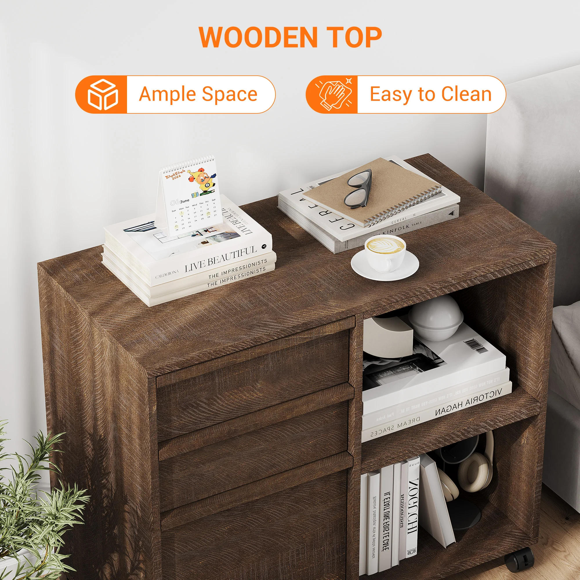 3 Drawer File Cabinet with Open Storage Shelves, Rolling Lateral Filing Cabinet for Letter/A4 Files, Mobile Printer Stand with Wheels, Wood Office Storage Cabinet for Home Office,