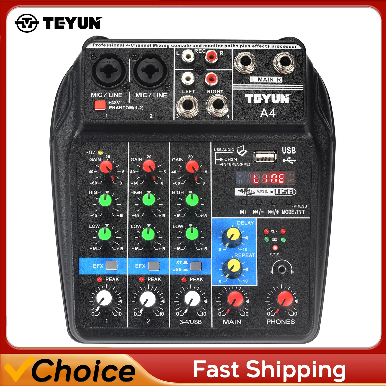 

TEYUN Mini 4 Channel Audio Mixer Effect 48V Bluetooth-function Portable Sound Console USB Play Music Home Record Mixing Table A4