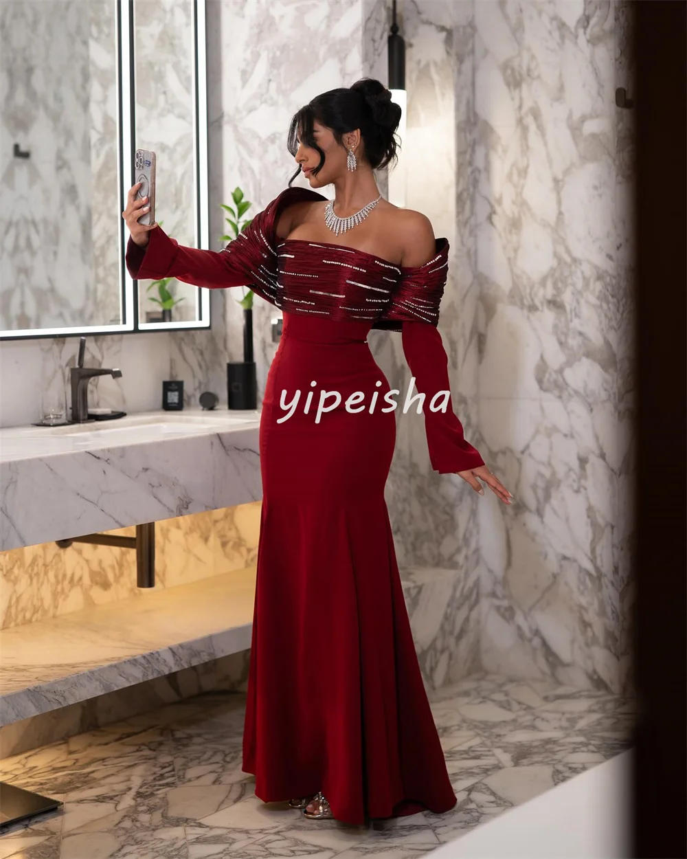 تخصيص الطراز الحديث مطابقة جيرسي حجر الراين حورية البحر خارج على الكتف فساتين طويلة مخصصة فساتين المناسبات جودة عالية #3