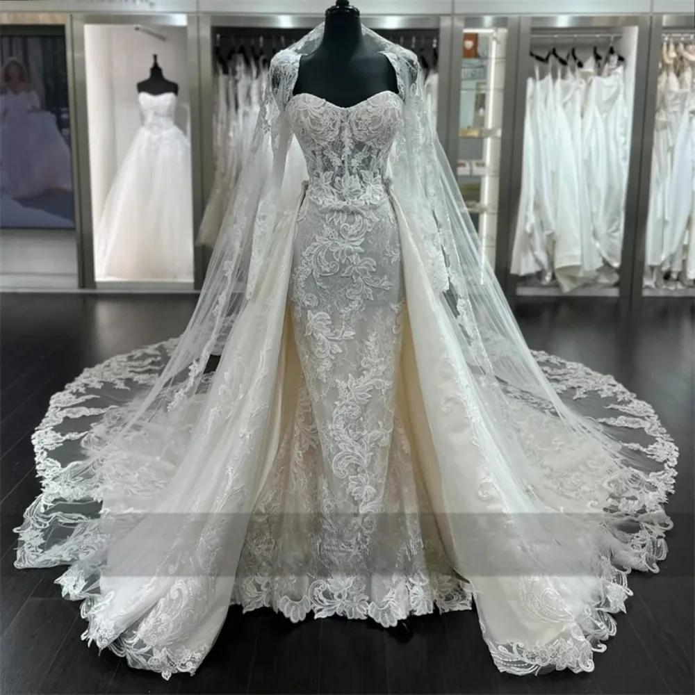Abiti da sposa a sirena di lusso Dubai con strascico staccabile per la sposa Sweetheat Applique Abito da sposa a maniche lunghe Vestido De Novia