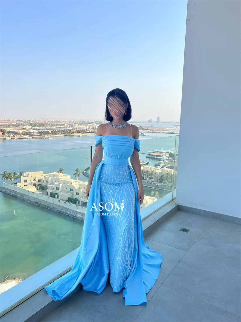 Bella Blue Satin Prom Dresses Off the Shoulder Mermaid فساتين سهرة Elegant Floor-length Detachable Train Vestidos De Fiesta 2024