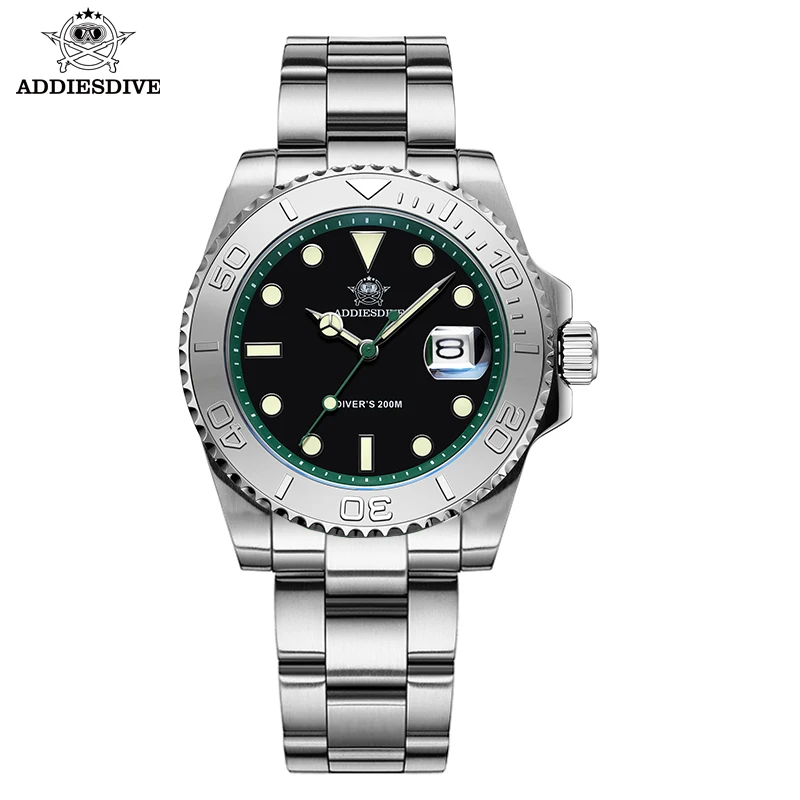 ADDIESDIVE Luxury Watch Stainless Steel Black Dial Green Bezel AD2040 20Bar Waterproof BGW9 Luminous Quartz Relogios Masculino